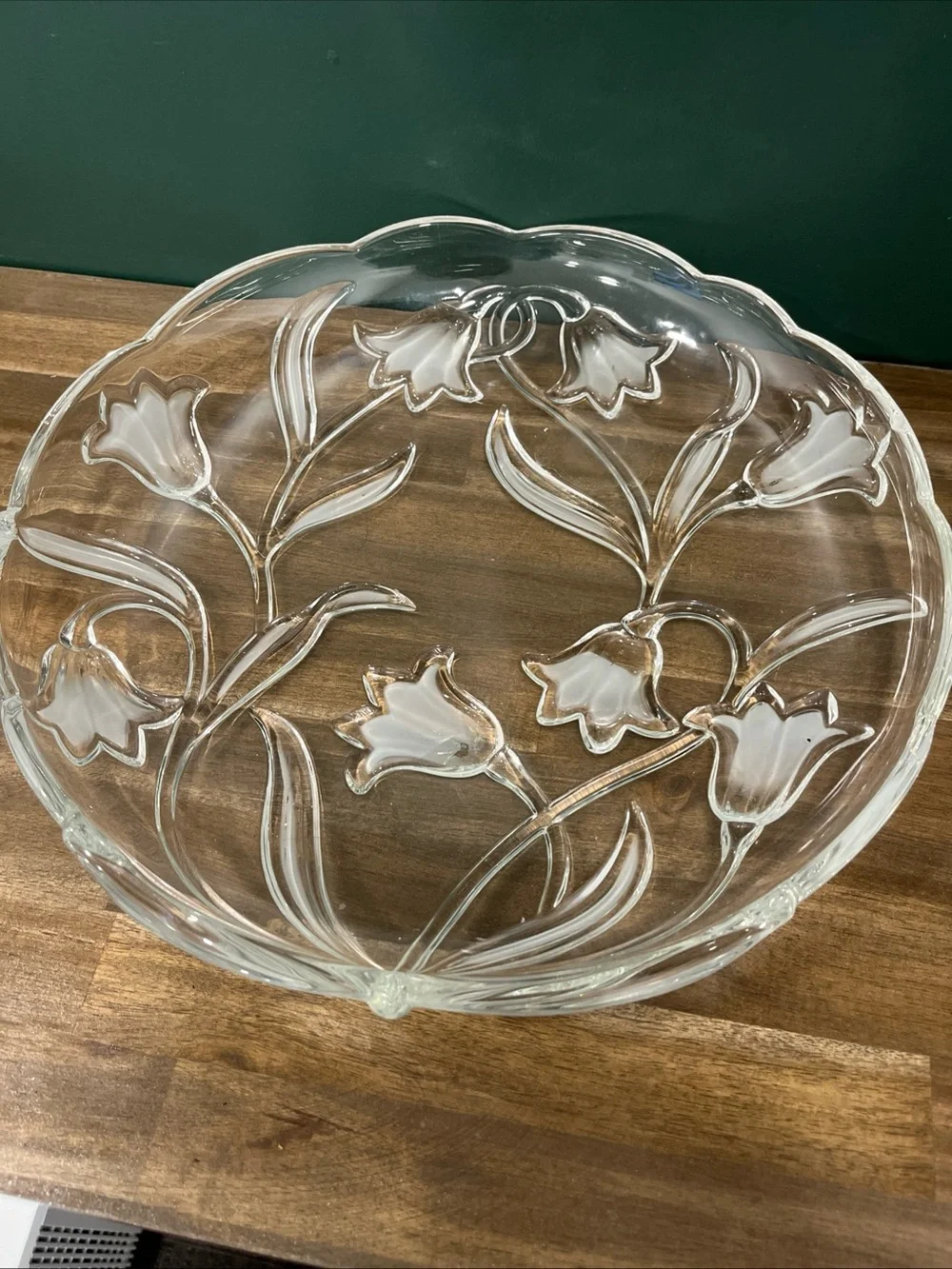 Clear Glass Floral Serving Bowl with White Accents